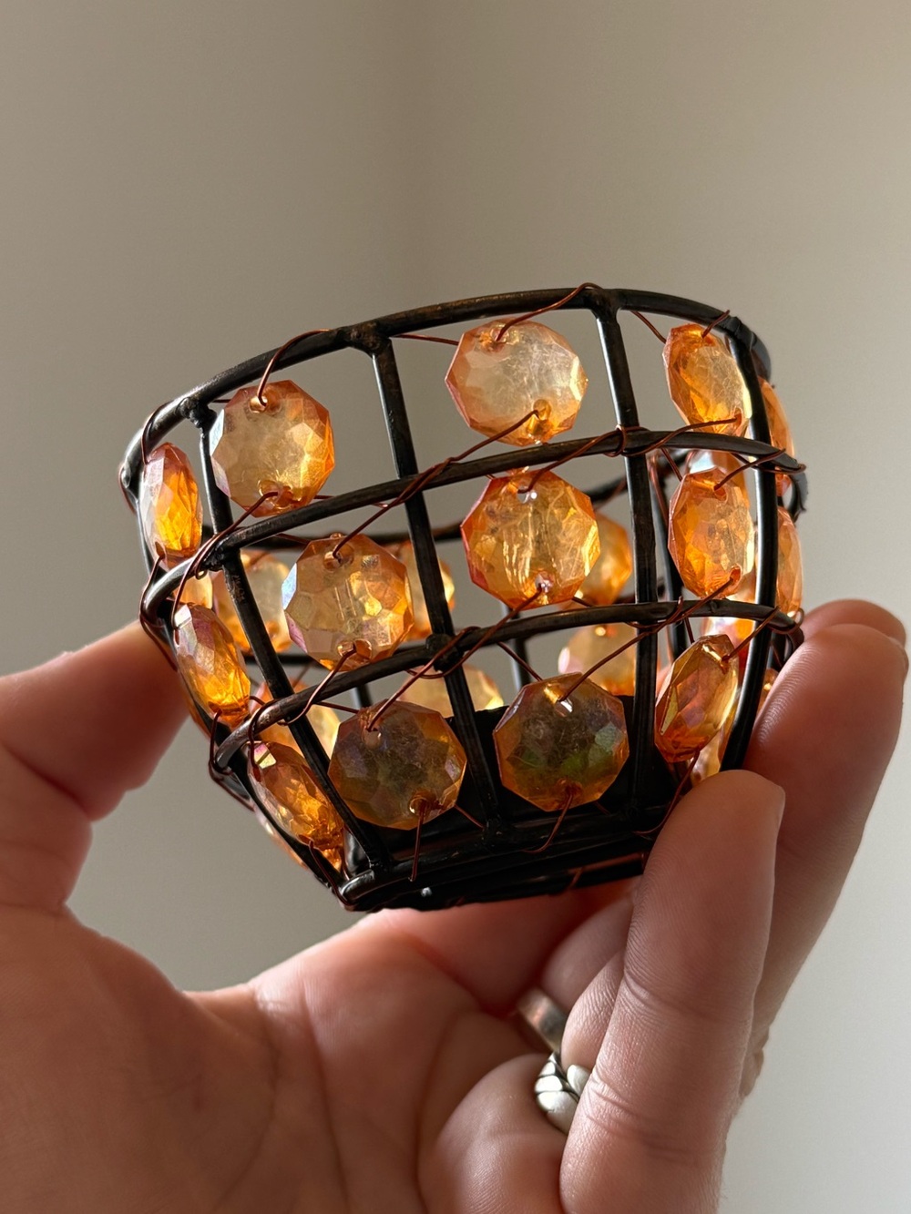 Wire Orange Beaded Basket Tea Light Votive Candle Holder Vintage Y2K